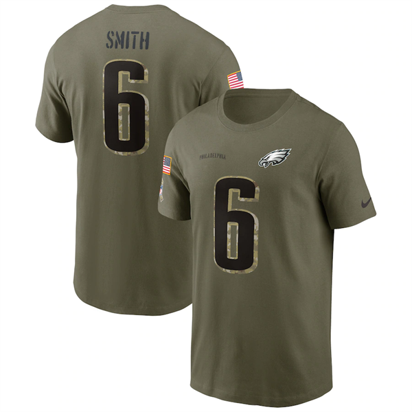 Men's Philadelphia Eagles #6 DeVonta Smith 2022 Olive Salute to Service T-Shirt Men's Philadelphia Eagles #6 DeVonta Smith 2022 Olive Salute to Service T-Shirt